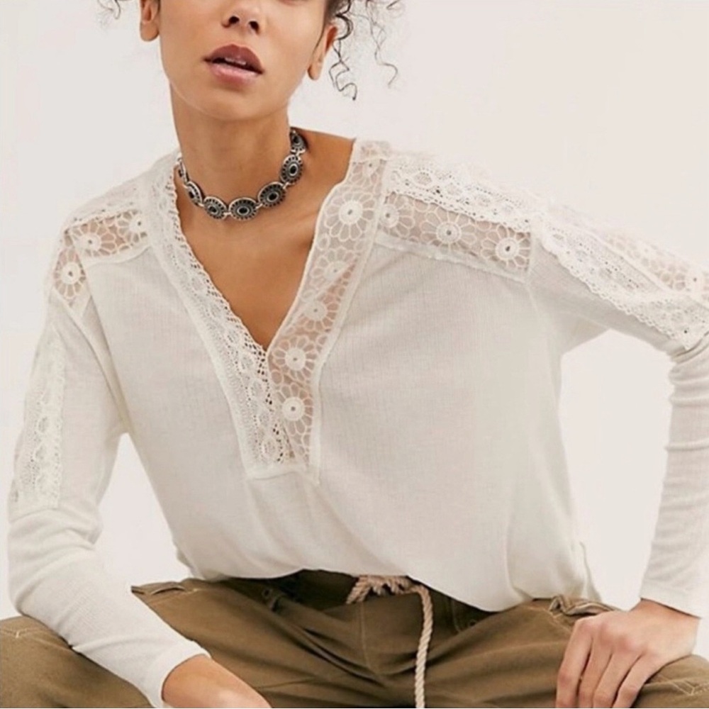 Free People Lola Tee – Cream Lace Detail Long Sleeve, Size Small